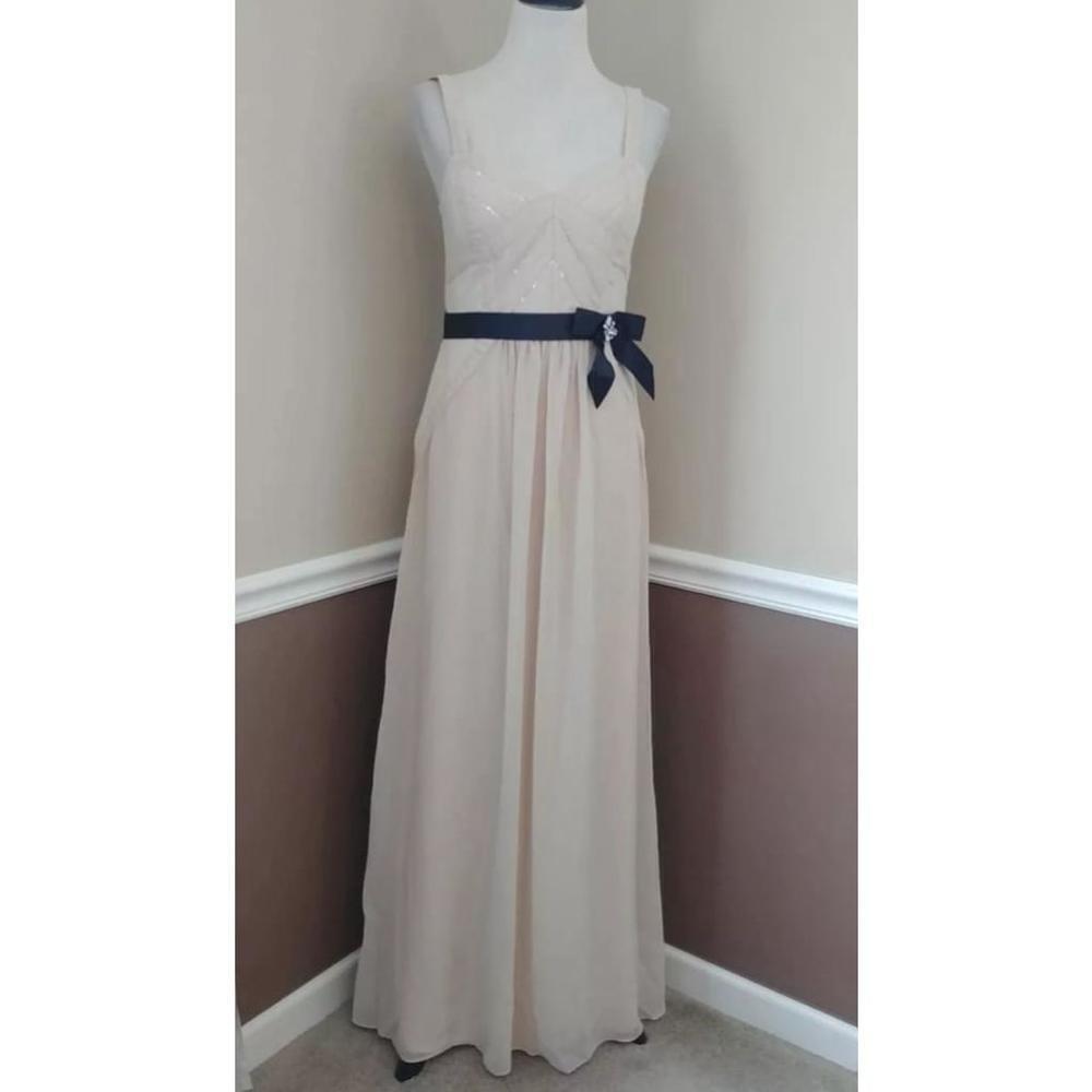 Beige Chiffon Maxi Dress with Black Sash & Sequins ModCloth City Triangles NEW